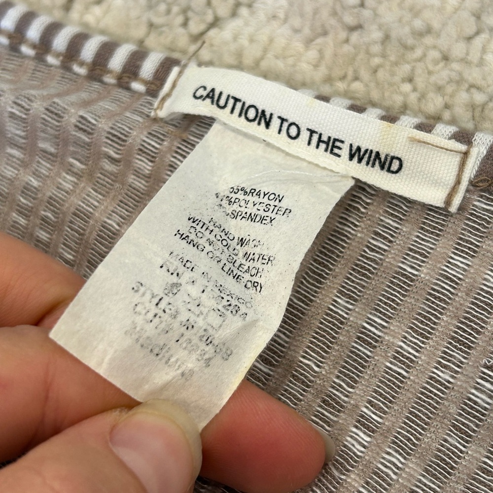 Caution to the wind tan white striped stretch wrap neutral dress women’s - Picture 7 of 7